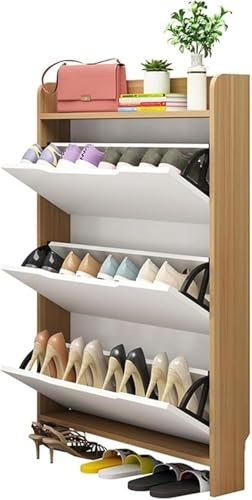 Elegante zapatero estrecho con puertas – Zapatero oculto para espacios pequeños, almacenamiento cerrado de zapatos en acabado de nogal claro (W-70 cm) – Perfecto para una vida sin desorden