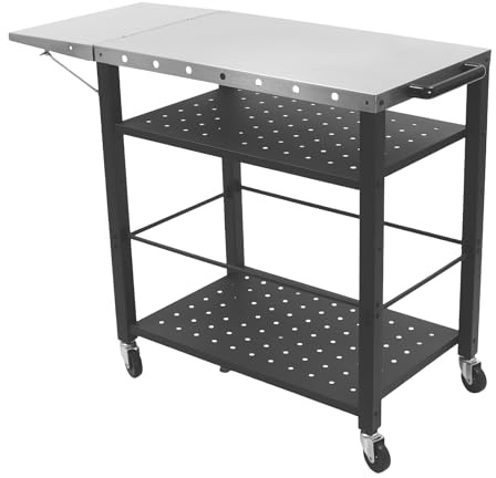 Carrello in acciaio inox – Tavolo da barbecue a 4 ripiani con lato pieghevole, ruote bloccabili, ripiani regolabili, tavolo portatile per cucinare per grigliare