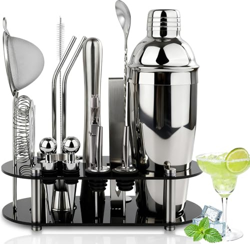 FoiiLiio 16 Piezas Juego de Cocktail Shaker INOX,Coctelera Profesional 750 mL,Juego de cocteleras Esenciales para Fiestas,Profesional Barman Herramientas,Profesional Coctelera para Cocteles