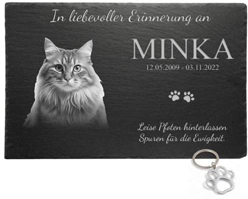 eGenuss Personalisierter Tiergrabstein Katze aus Schiefer – Gedenktafel mit Lasergravur & Foto – wetterfeste Erinnerungstafel 30x20 cm – Andenken mit Namen & Spruch für Katzenliebhaber
