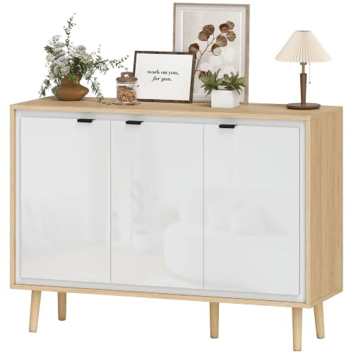 HOMCOM Buffet à Haute Brillance, Meuble de Rangement avec 3 Portes, étagères réglables, Pieds en Bois, Style Moderne, Buffet Salle à Manger, Cuisine et Salon, 107 x 35 x 77 cm, Blanc et chêne