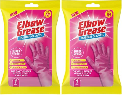 Elbow Grease Pink Rubber Gloves | Super Strong, Cotton Lined, Non-Slip Household Gloves (Medium - 2 Pack)
