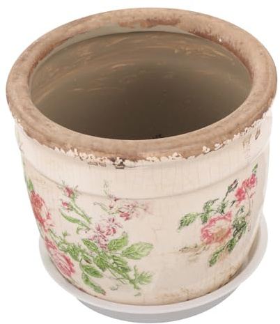 ibasenice Maceta Pequeña de Cerámica Orificio de Drenaje Estilo Vintage Francés Estampado de Rosas Maceta para Suculentas y Plantas de Exterior Adecuado para Jardín Balcón y Decoración