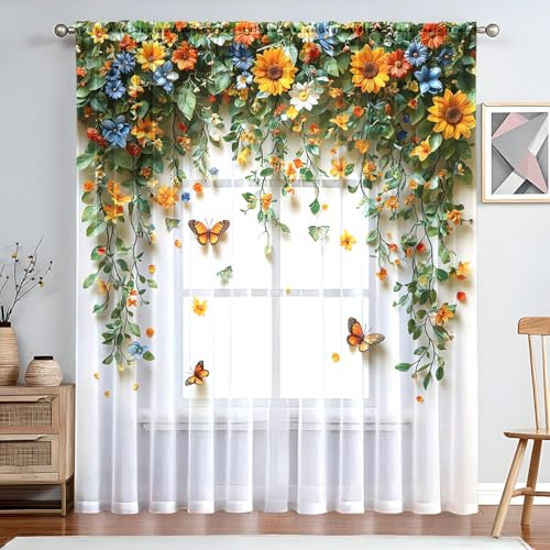 ENEN 2er Set Scheibengardinen, 3D-Schmetterling-Druck Halbtransparent Bistrogardine, Schlaufengardinen Gardinen Türgardine für Küche Wohnzimmer Landhaus (Chrysanthemen,100x130cm)