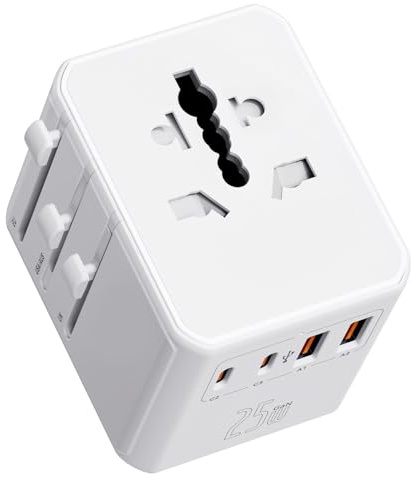 Auxmir Reiseadapter Weltweit, 25W PD Schnelles Aufladen Steckdosenadapter | 2 USB-C und 2 USB-A für 200+ Länder wie EU, UK, USA, AU, Internationaler Reisestecker für Urlaub, Business, Reise, Hotel Weiß