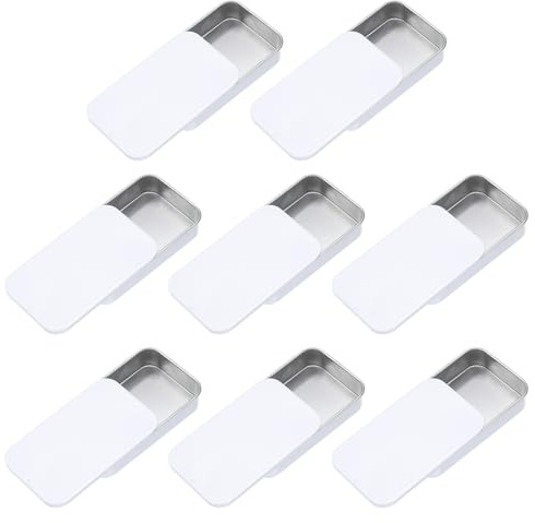 QUARKZMAN 8Pcs Scatole Di Latta Con Coperchio Scorrevole, Mini Scatole Metalliche Vuote Con Coperchi Scorrevoli, 3.1x2x0.6 Organizzatori Rettangolari Per Balsamo Per Labbra, Bianco