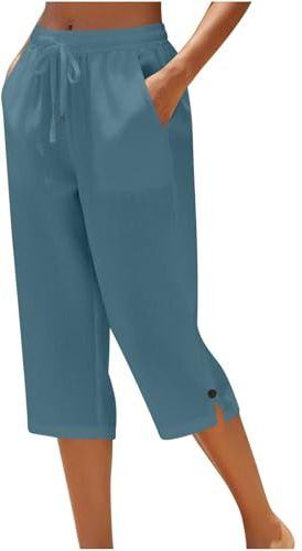Womens Cropped Trousers Elasticated High Waist Relax Fit Cotton Linen Ladies 3/4 Length Capri Pants Straight Wide Leg Trousers Casual Everyday Soft Lightweight Plain Three Quarter Pants