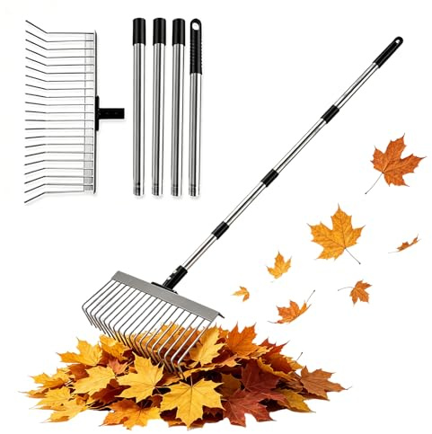 Rastrello da giardino, rastrello da giardino, 21 denti, rastrello in metallo da 160 cm, manico regolabile a 4 livelli e rastrello rimovibile, per diserbo, fertilizzazione, foglie, erba, allentamento