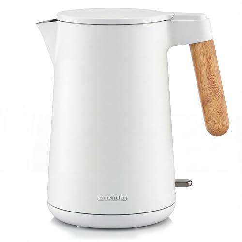 Arendo - Wasserkocher Edelstahl – 1,5 Liter - 2200 Watt – Doppelwand-Design – 360° Controller – BPA-frei – Überhitzungs- und Trockengehschutz - Weiß Matt - GS geprüfte Sicherheit
