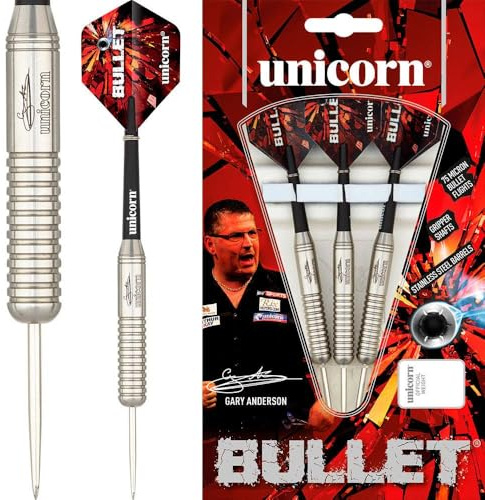 Unicorn Steel Tip Darts Set | Gary 'The Flying Scotsman' Anderson Bullet | Super Durable Natural Stainless Steel or Brass Barrels | 21g, 22g, 23g, 24g, 25g, 26g or 27g