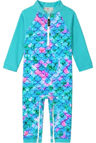 weVSwe Toddler Swimsuit UPF 50+ Sun Protection Recycled Fabric Baby Swimming Costume One Pieces Girl Swimwear Long Sleeve Rash Guard Green Fish Scales 3T
