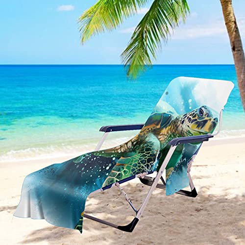 Morbuy Liegestuhl Handtuch mit Taschen, Strandtuch für Liegen Strandliegen Handtücher für Strandliegen Mikrofaser Leicht Strandtuch, Kapuze für Besseren Halt (75x210cm,dunkelgrüne Schildkröte)
