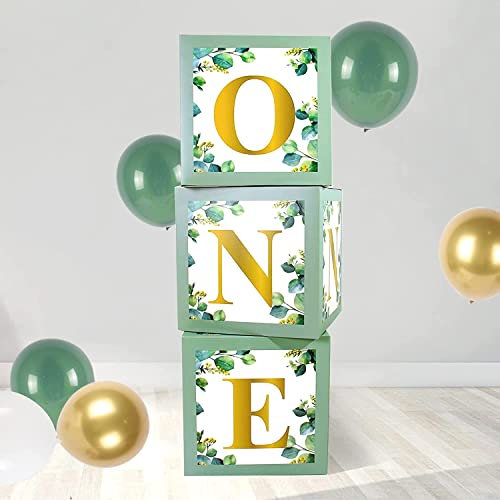 One Boxes For Girl Boy 1st Birthday Decorations - 3Pcs Sage Green One Boxes With Stamped Letters One, First Birthday Balloon Boxes For Baby Shower, One Birthday Decoration, Sage Green Birthday Decor