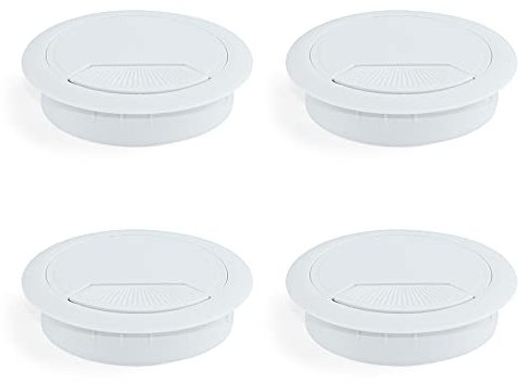Emuca - Confezione da 4 Passacavi Rotondi Diametro 80 mm per Incastrare in Scrivania/Tavolo in Plastica Bianco
