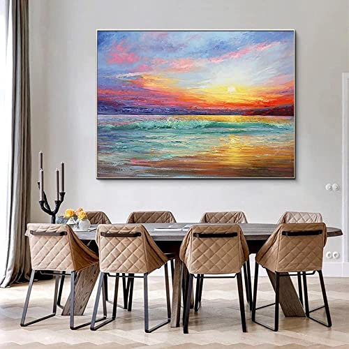 Ölbilder Auf Leinwand Handgemalt,100% Handgemaltes Acrylgemälde Extra Großes Kunstwerk Ölgemälde, Abstraktes Meer Sonnenuntergang Blick Textur Kunstwand, Moderne Wandkunst Rahmenloses Cooles Bil