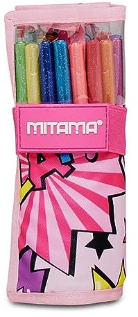 Seven Mitama Astuccio glitter roll, Writing roll, Arrotolabile, Rosa, 10 penne gel colorate, 8 pennarelli glitter, 7 colle glitter, Per bambine e ragazze, Scuola e tempo libero