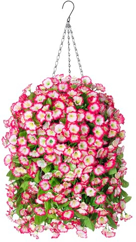 Ammyoo Artificial Hanging Flowers in 10 Inches Basket for Outdoors Indoors, Flower Hanging Planter, Fake Silk Morning Glory Vines with Pot for Home Porch Garden Yard Patio Decoration(Pink)