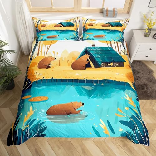 Cute Beaver Bedding Set Cartoon Wild Animal Comforter Cover Yellow Trees Blue River Duvet Cover Room Decor Farmhouse Style Beavers Bedspread Cover Full Bedding Collection 3Pcs,No Comforter