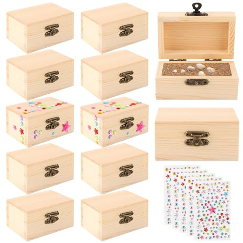 VIDETOL 12 Pièces Petite Boite en Bois avec couvercle Mini Coffres au Trésor avec Autocollants Boite Bois pour anniversaire, fête pirate et bricolage