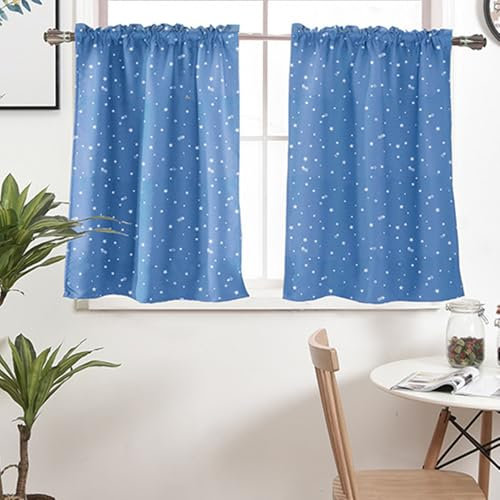 Epinki Küchen Bistrogardine Muster, Scheibengardine Kinderzimmer Blickdicht Einfarbig Stern, Polyester Blau Blickdicht Vorhang Teenager für Zimmer, 2er, 74x90cm(B*H)