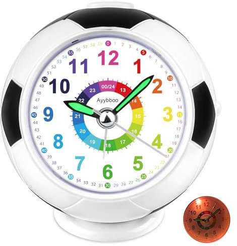 Ayybboo Kinder Wecker für Jungen Mädchen，Ohne Ticken mit Analoge kinderwecker Fussball, Nachtlicht Schlummerwecker, Kinderlehrwecker für Schulanfänger Jungen und Mädchen