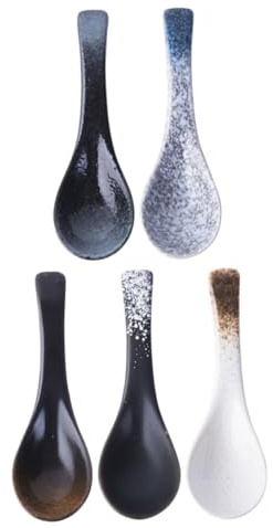 PHENOFICE Cucharas de Sopa Estilo Japonés Pequeñas 5 Piezas Cerámica Resistente para Cocina Hogar Comidas y Beber Sopa Colores Variados