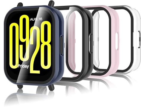 Bigqin 4 Piezas Funda Compatible con Xiaomi Redmi Watch 5 Active, Protector de Pantalla Compatible con Xiaomi Redmi Watch 5 Active - Transparent/negro/azul/rosa