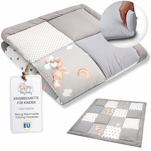 Totsy Baby Manta de Juegos Bebé 100 x 100 cm Acolchada para Suelo – Alfombra Infantil Plegable y Lavable a 30 Grados para Habitación Salón Parque & Viajes – Oeko-Tex Conejo – Patchwork