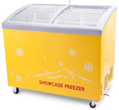 Hakka Freestanding Large Chest Freezer, Yellow Freezer 201L Capacity Equipped with casters,with Sliding Glass Top,with Removable Storage Basket,Temperature -18~-22℃