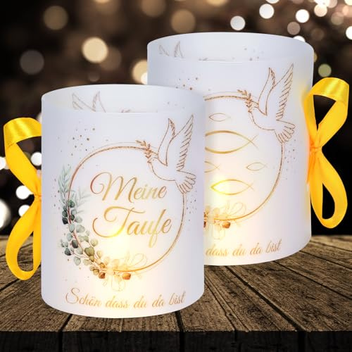 16 Windlichter Taufe Deko Jungen Mädchen Meine Taufe Eukalyptus Grün Schön DASS du da bist Teelichter und Kerzendeko (mit farbigen Seilen)