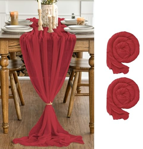 Artoid Mode Boho Gaze Käsetuch Rot 2 Stück Tischläufer 80x300 cm, Küche Tisch Dekoration Drinnen Urlaub Hochzeit Party Geburtstag Dekor