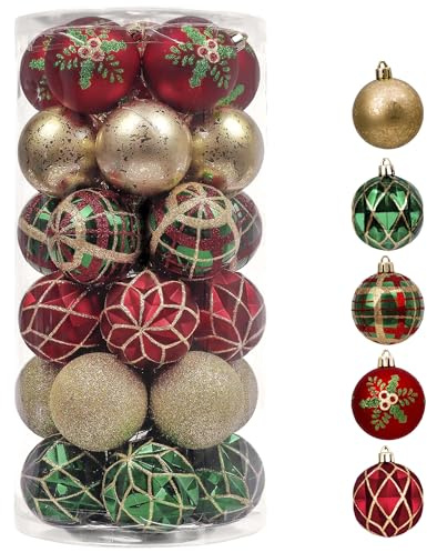 Valery Madelyn Christmas Ornaments Set, 30ct 2 Inches Red Green and Gold Shatterproof Christmas Tree Decorations Ball Ornaments Bulk, Traditional Country Hanging Decor for Xmas Holiday Party