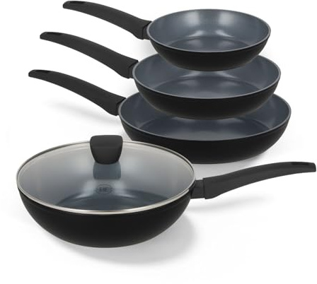 Be Living Delight Pfannenset 4-teilig, Bratpfanne 20/24/28 cm + Wokpfanne 28 cm mit Deckel, Non Stick Keramik Antihaft, Induktion, Ohne ptfe und pfoa, Schwarz