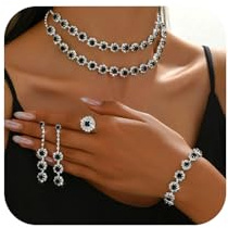 XFSRG 4 Pièces Parure de Bijoux de Mariée Cristal Mariée Collier Boucle d'oreille Bracelet et Anneau Ensemble Demoiselle d'honneur Fantaisie Cadeau Bijoux（Noir）