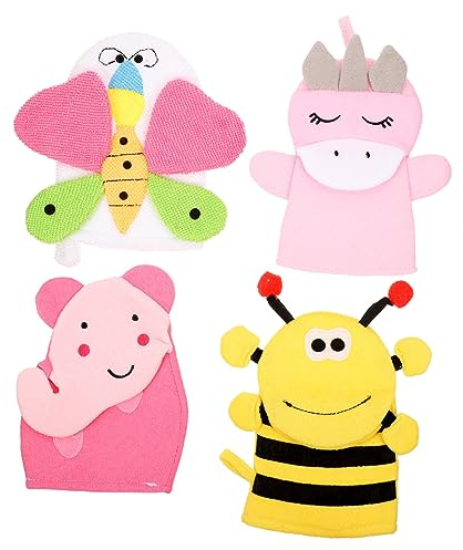 FRCOLOR 4 Stück Cartoon Badehandschuhe für Kinder mit Einzigartigem Design aus Baumwollmischung zum Entfernen Abgestorbener Hautzellen bei Bad und Dusche Zufälliger Stil