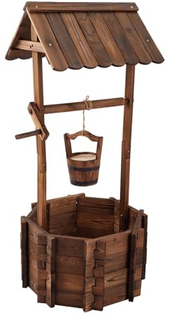 Warmiehomy Wishing Well Hanging Planter Outdoor Garden, Wooden Decoration Flower Planter with Adjustable Hanging Bucket for Flowers Herbs Vegetables, Rustic Hanging Plant Pots for Outdoor Deco