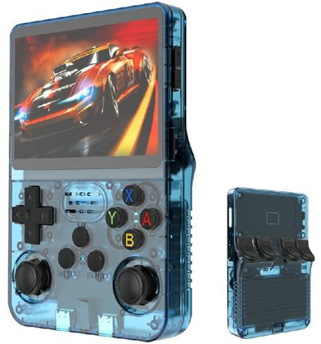 R36S - Consola de juegos portátil, pantalla IPS de 3,5, 30.000 juegos retro con sistema Linux de código abierto, tarjeta TF 64/128GB, batería 3500mAh (Light Blue,No Memory Card)
