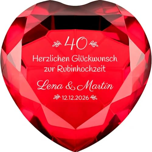 4You Design | Glasdiamant zur Rubinhochzeit mit Gravur | Personalisiertes Geschenk zum 40. Hochzeitstag | Kristall-Diamant mit Namen & Datum