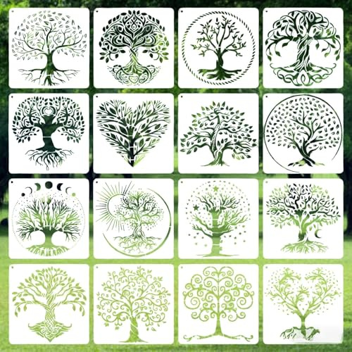 Tree of Life Stencils 16 PCS, 15.24CM x 15.24CM Stencils for Crafts Reusable Stencil for Painting for Art and Stone Rock Home Painting Airbrush Furniture Floor Tiles Walls