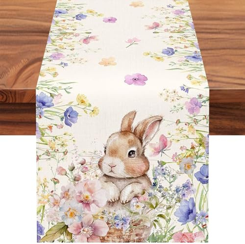 Tischläufer Ostern mit Hasen Motiv 40x180 cm – Eleganter Ostertischläufer für Ihre Osterdeko modern – Bunte Frühlings Blumen Tischwäsche für Männer und Frauen