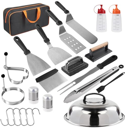WPKD BLUEIY 23PCS Ustensiles Plancha en Acier Inoxydable,Spatule Plancha Accessoires avec Spatule,Presse à Viande,pour Barbecue à Gaz,Teppanyaki,Camping
