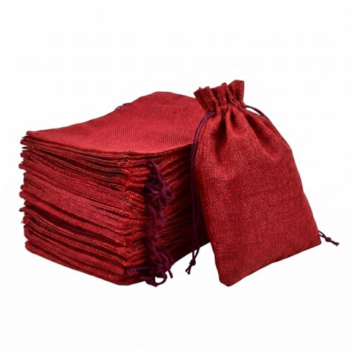 Intckwan 24 stycken jutesäckar 10 x 15 cm, jutepåse med dragsko för adventskalender, fyllning, små presentpåsar för smycken, gör-det-själv, hantverk, bröllop, fest, jul (bordeauxröd)