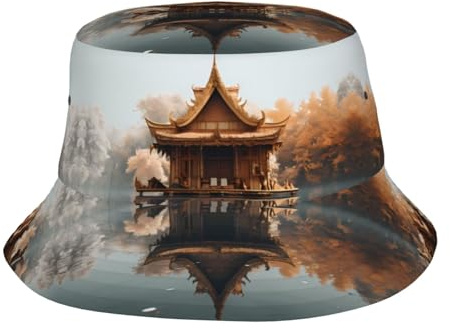WZYWHJ Sunshade Bucket hat Small Pavilion on The Lake Printing Clothing Matching Soft Touch Foldable and Portable for Travel Black