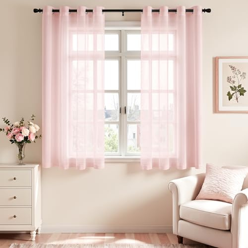 Vangao Voile Gardinen mit Ösen Kurz Küche 2er Set H145 x B140 cm Rosa | Stores Vorhänge Pink, Modern Halbtransparent Sheer Curtains, Fenster Wohnzimmer Schlafzimmer Kinderzimmer Mädchen Balkontür