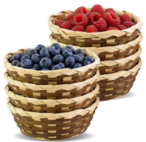 8 PCS Bamboo Bread Baskets, Handmade Natural Round Gift Baskets Empty | Small Woven Wicker Basket Food Serving Basket Bamboo Storage Bread Tin for Table, Kitchen, Restaurant, Display