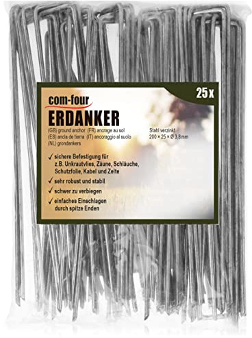 com-four® 25x Erdanker 200x25x3,8mm aus beschichtetem Stahl | robuste Erdnägel zur Befestigung von Unkrautvlies und Folien - Bodenanker für Garten und Camping - eckig