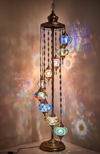 DEMMEX Turkish Moroccan Mosaic Floor Lamp, 9 Globes, 180 cm Tall – Tiffany Style Decorative Standing Lamp with Colorful Globes for Bedroom, Living Room, Entryway – Handmade in Turkey, Rainbow
