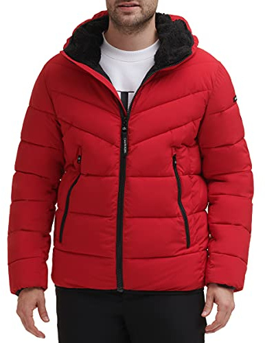 Calvin Klein Men's Heavyweight Short Puffer Jacket, Hooded Stretch Deep Red, L