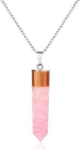 Hexagonal Column Pendant Natural Chips Stone Copper Wire Resin Poured Geometry Pendants Energy Necklaces for Women Men,Rose Quartz Chain