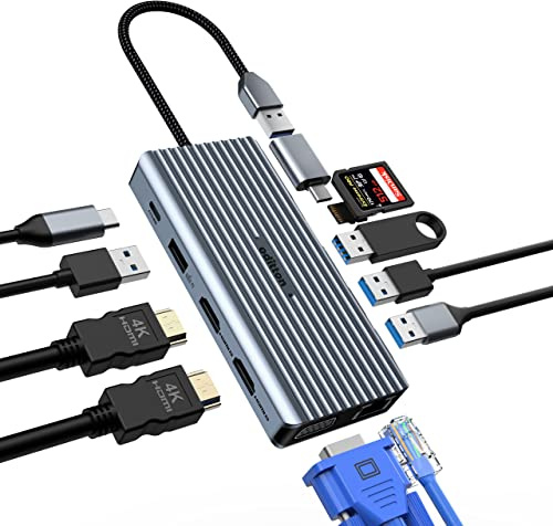 Hub USB C, oditton Station d'accueil USB C 12 en 1 Triple Affichage avec 2 * 4K HDMI, VGA, 3* USB-A 3.0, USB-A 2.0, LAN Ethernet, 100W PD, SD/TF, 3.5mm Jack, Adaptateur USB de A à C Polyvalent